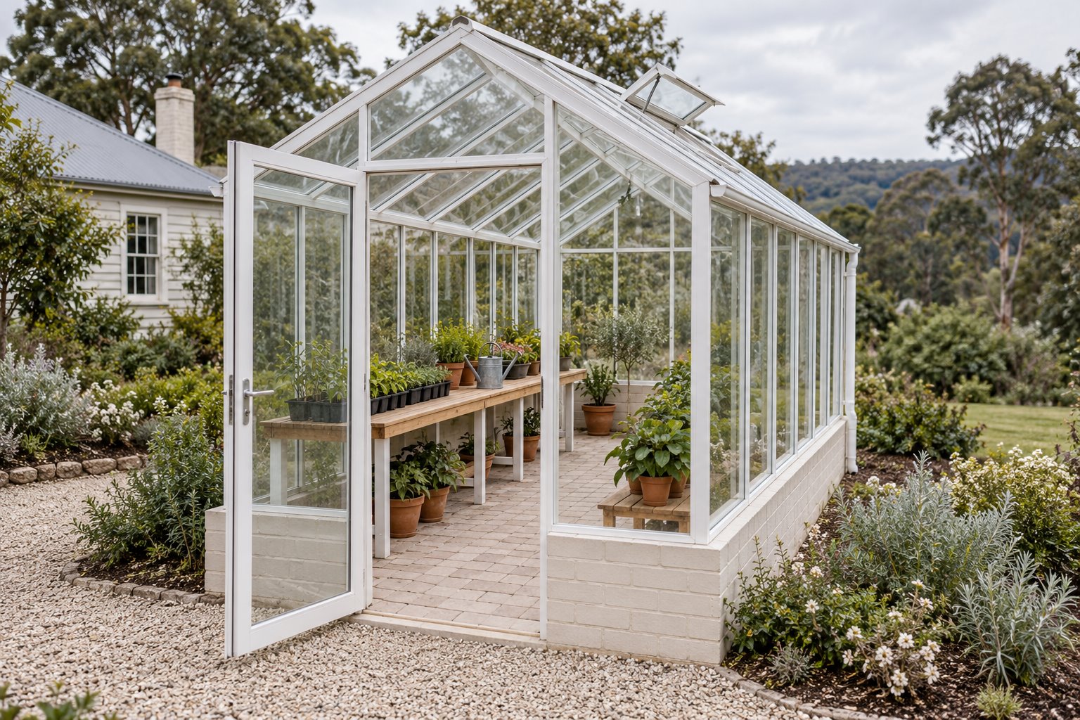 A small white-framed garden greenhouse has timber plant benches, a clear brick-paved central aisle, an open glazed door and a raised roof vent.