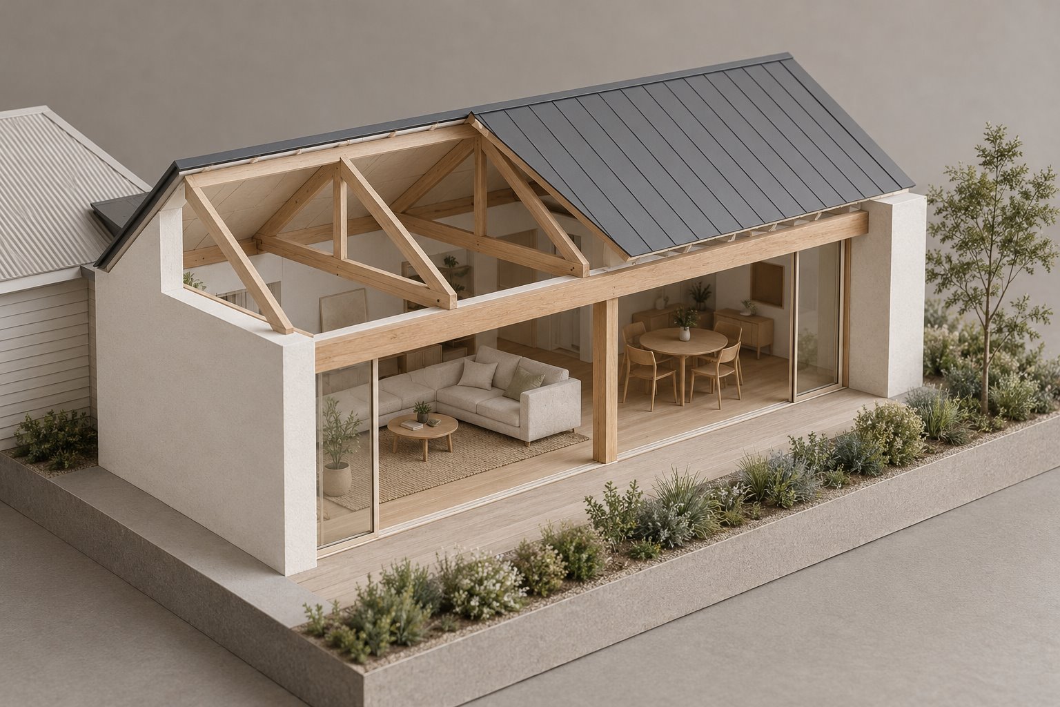 Cutaway architectural model of a pitched-roof living wing, with exposed timber roof trusses and a central post beneath the garden-facing beam.
