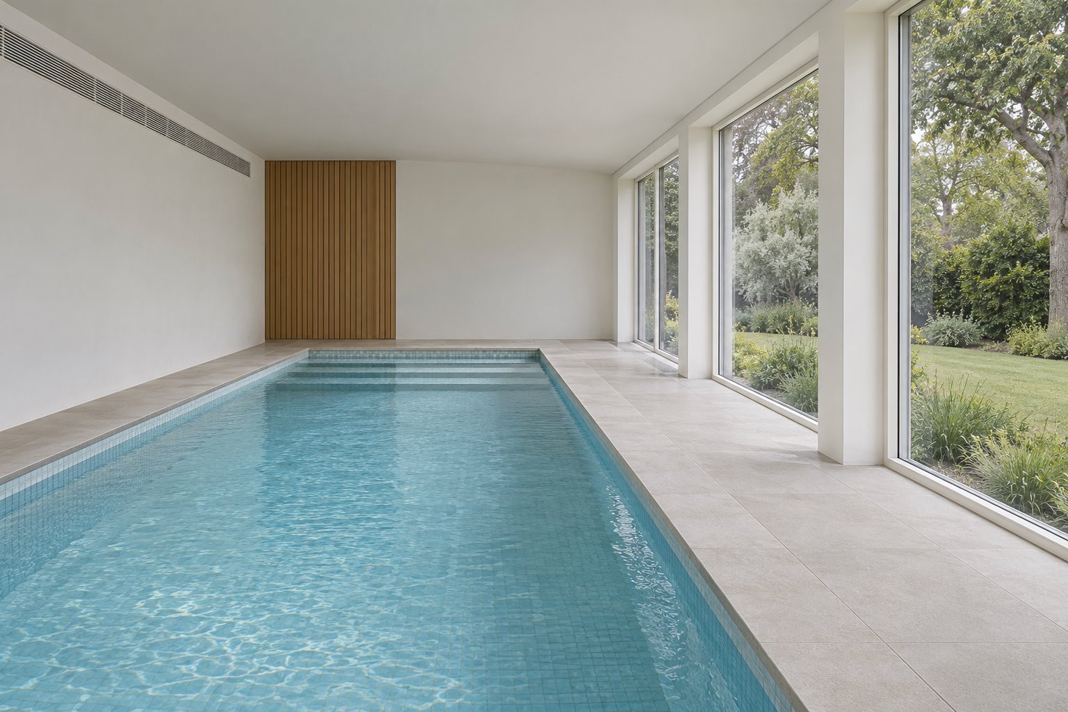 A narrow indoor swimming pool sits beneath an opaque white ceiling, with a clear tiled walking strip beside white-framed garden glazing.
