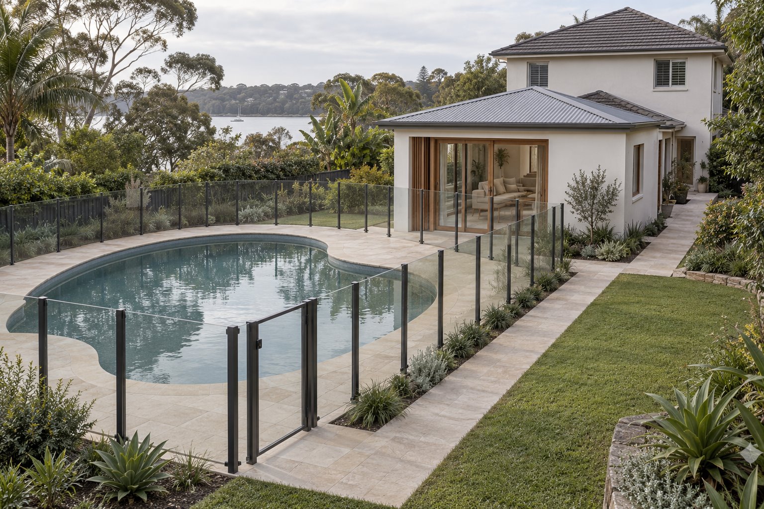 Curved swimming pool within a glass enclosure, beside a small hipped-roof sitting-room addition and an external path continuing to the older home.