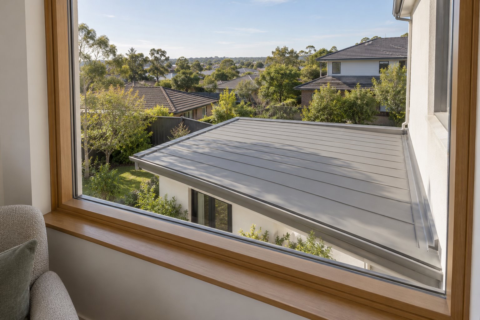 View from a timber-framed upper-room window across the grey standing-seam roof of a lower wing towards a suburban garden.