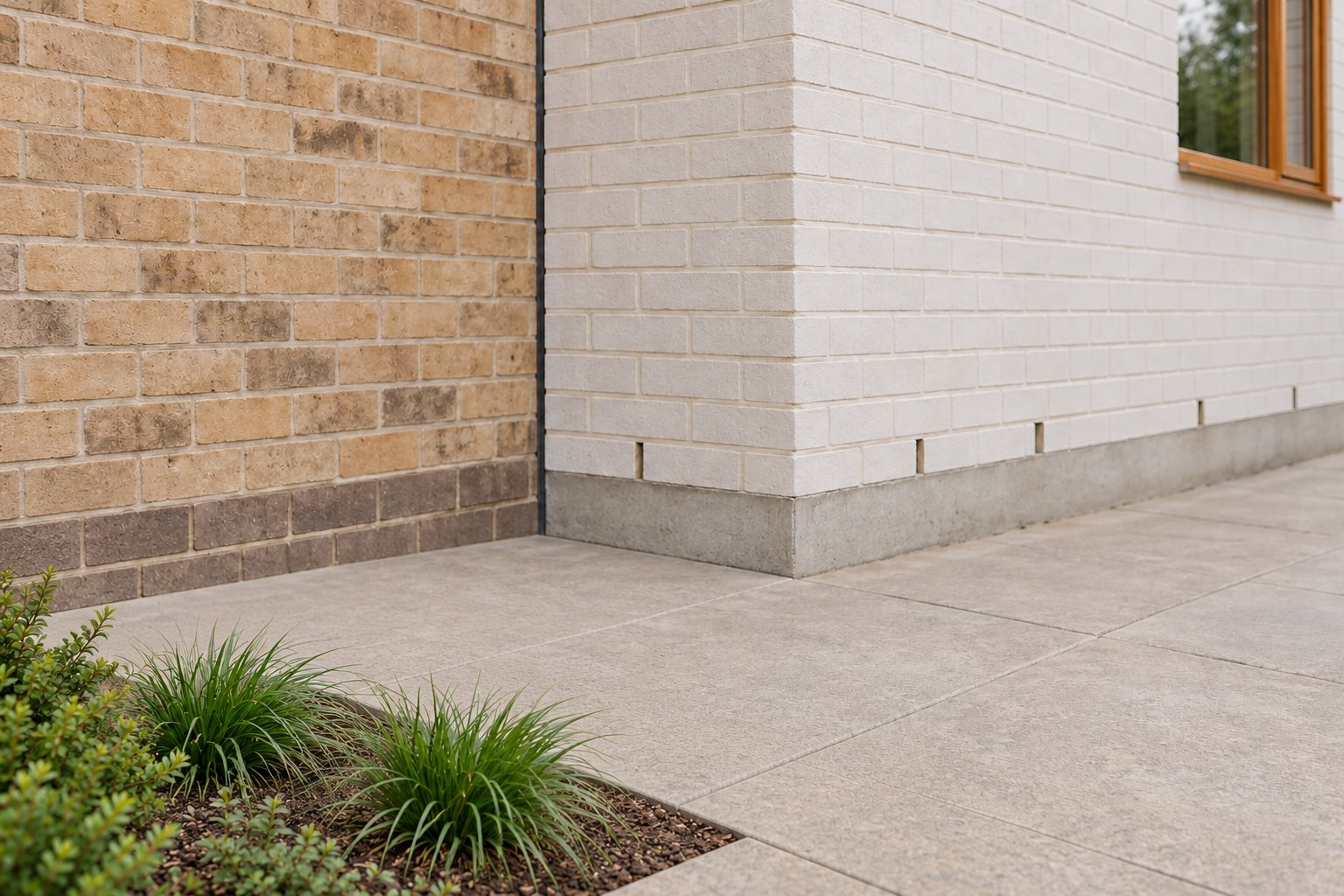 A tan-brick retained wall meets a white-brick addition above a lower paved path, with the new concrete base uncovered and a separate foreground planting bed.