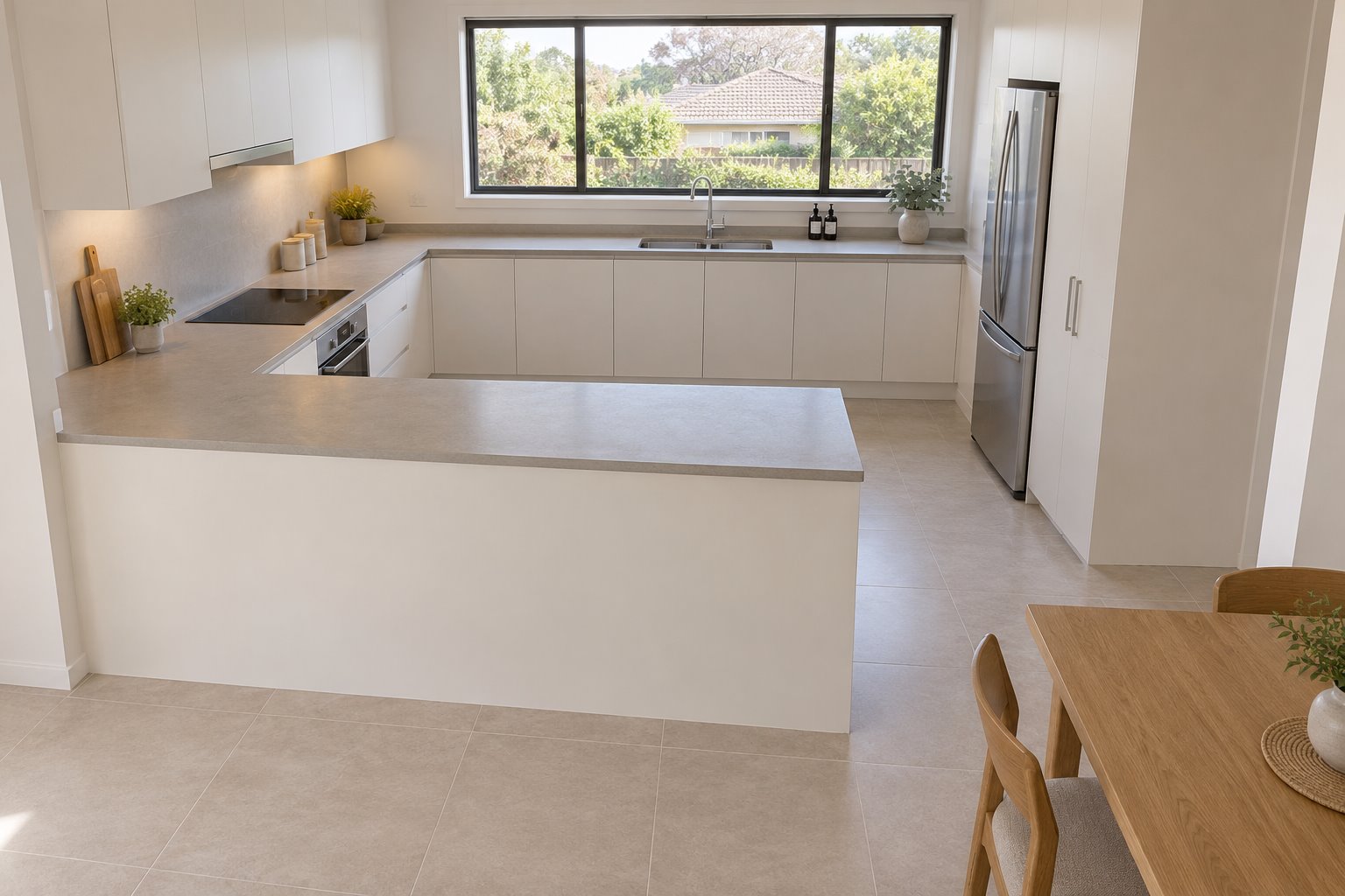 U-shaped kitchen with a peninsula joined at the left wall and a single entrance at the right beside a separate dining table.