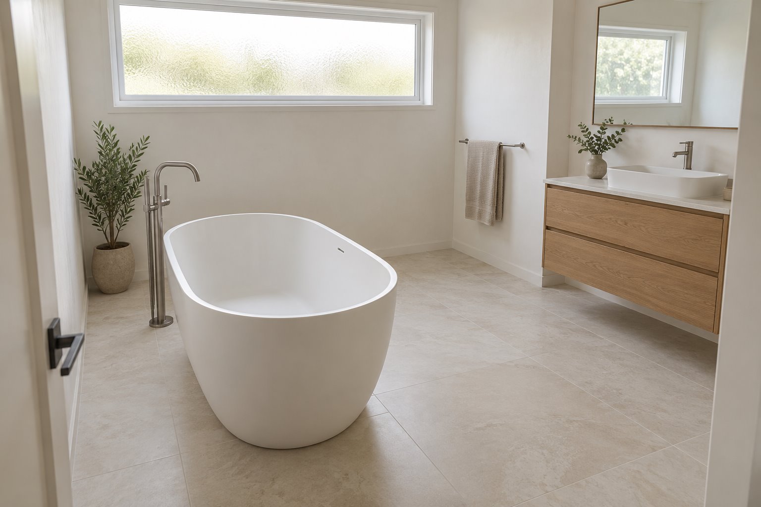 A freestanding oval bath has visible floor around its body, with separate timber vanity and a high horizontal window beyond.