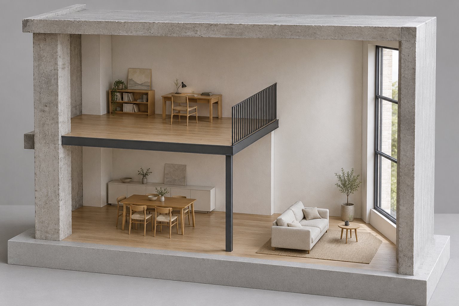 Partial architectural section model with an open upper study, dining beneath its floor and a tall window beside both levels.
