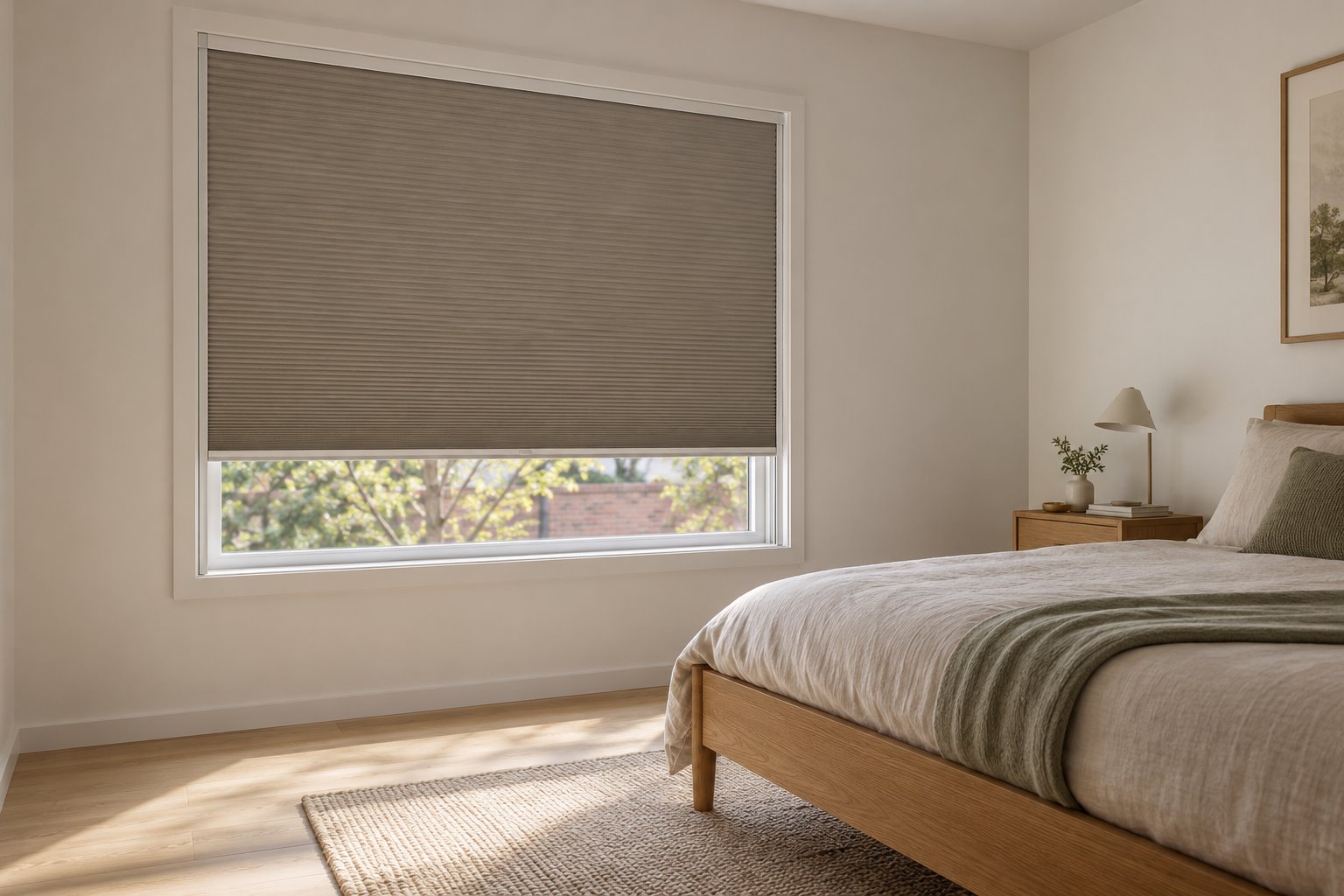 A grey pleated shade covers most of a white-framed bedroom window, leaving a short daylight opening below beside an oak bed.