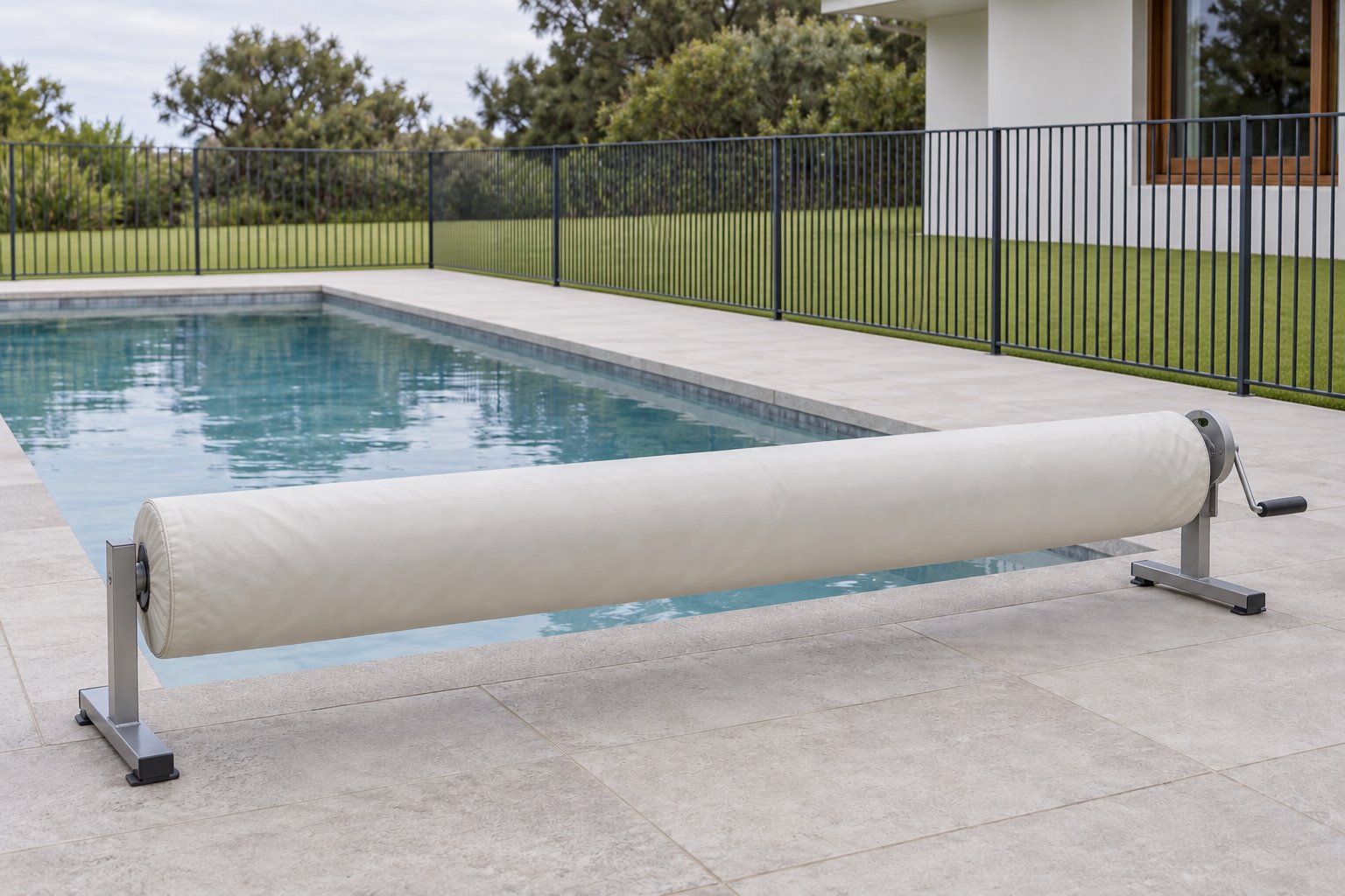 A protected pool-cover roller stands across the short end of a rectangular pool, with clear paving in front.