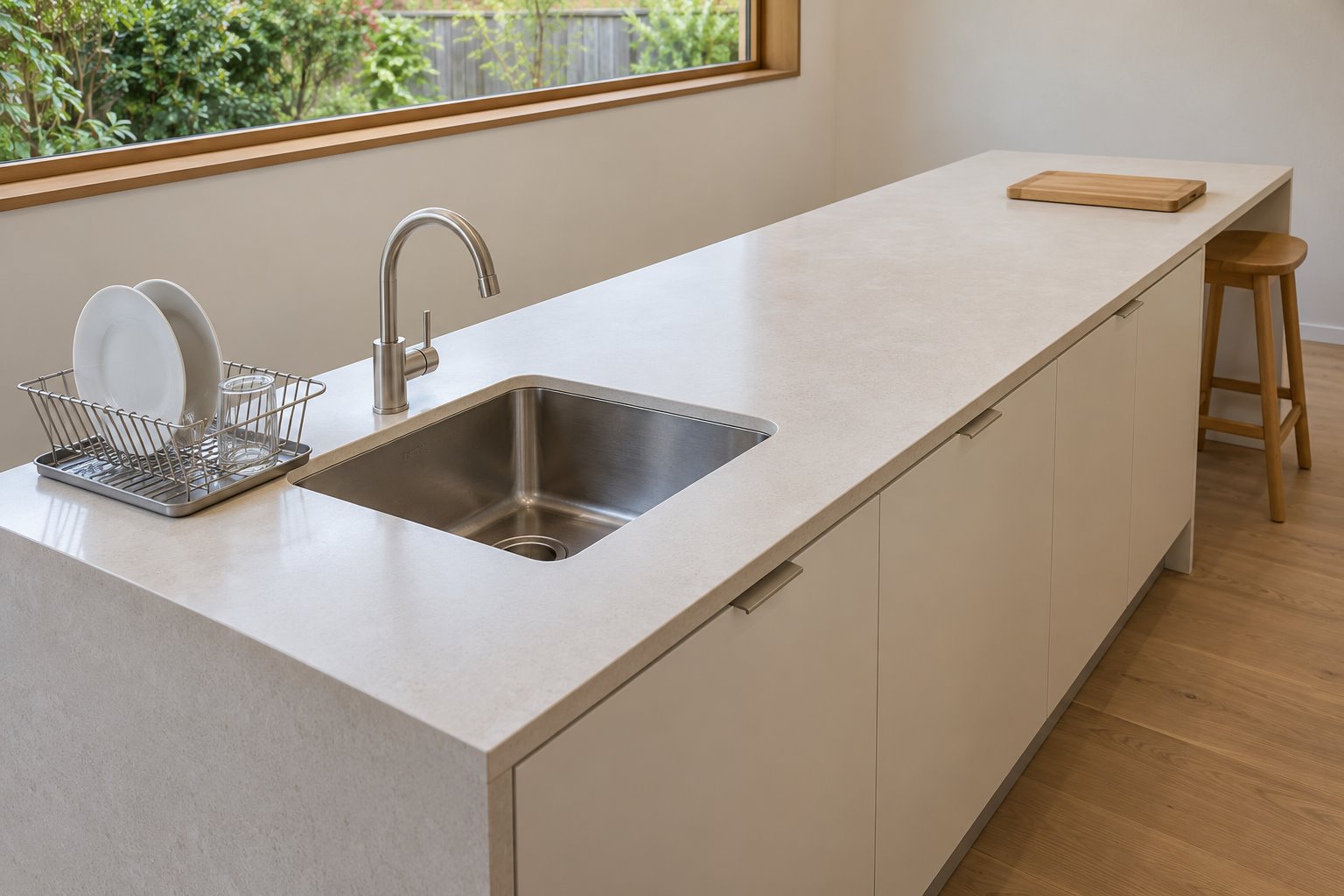 A single kitchen sink and small draining rack occupy one end of a pale worktop, leaving a clear preparation area beyond.