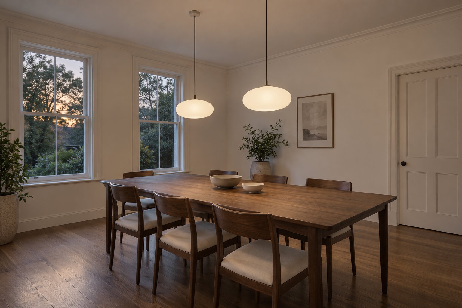 Two softly glowing oval pendants hang over a long timber dining table in a white room with tall sash windows.