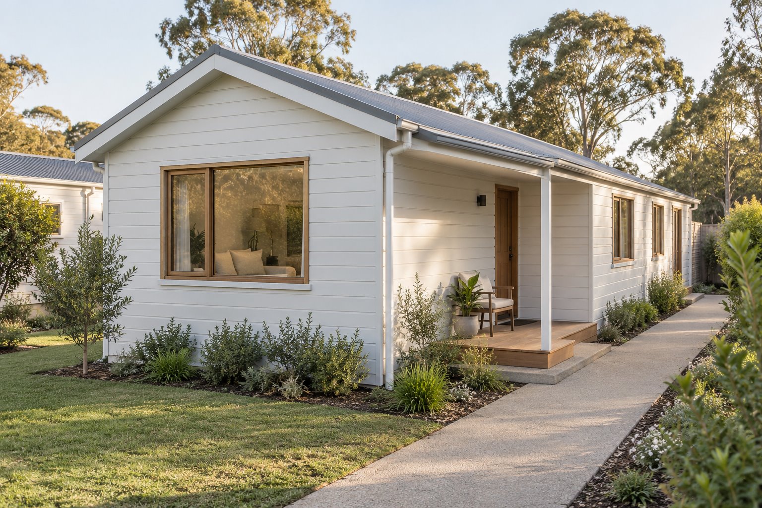 A compact white-clad single-storey home has a small sheltered side entrance, timber-framed windows and a path continuing beside the building.
