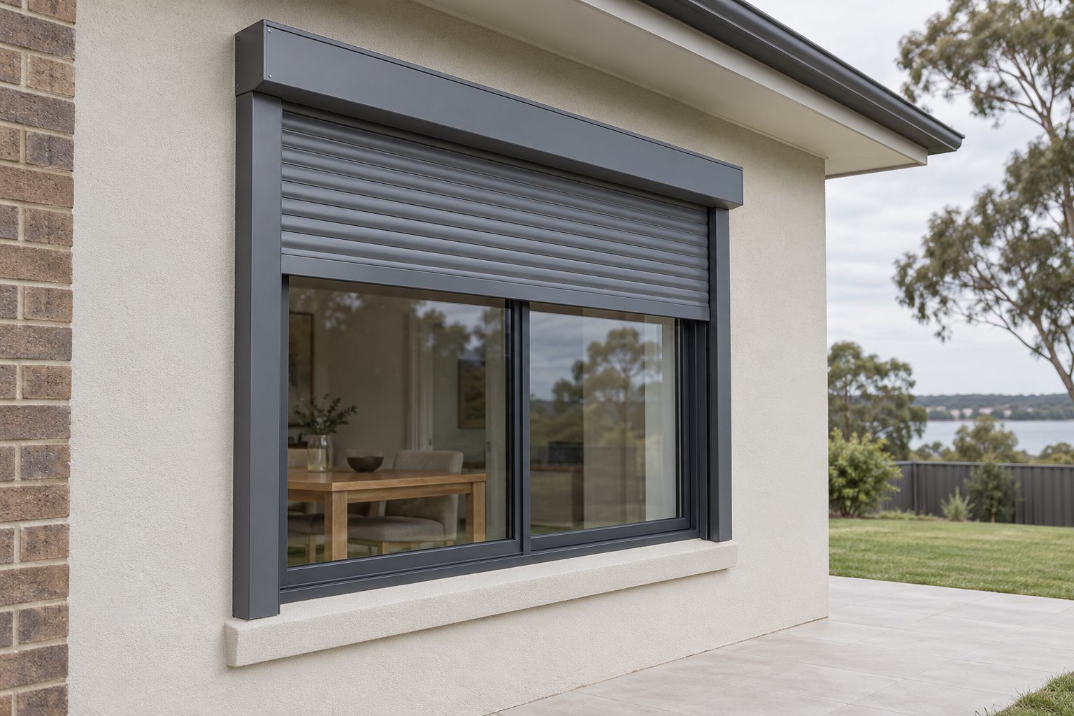 Exterior roller-shutter housing and side guides around a closed two-pane window, with the shutter partly lowered above a dining room.