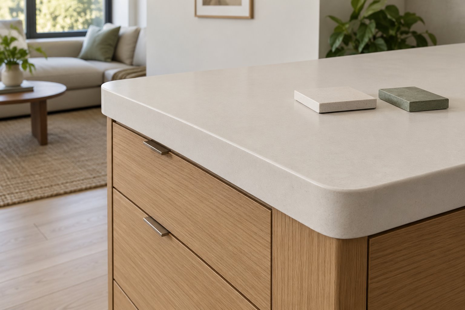 Oblique kitchen detail showing a rounded pale benchtop edge over oak cabinetry, with two loose material samples on the surface.