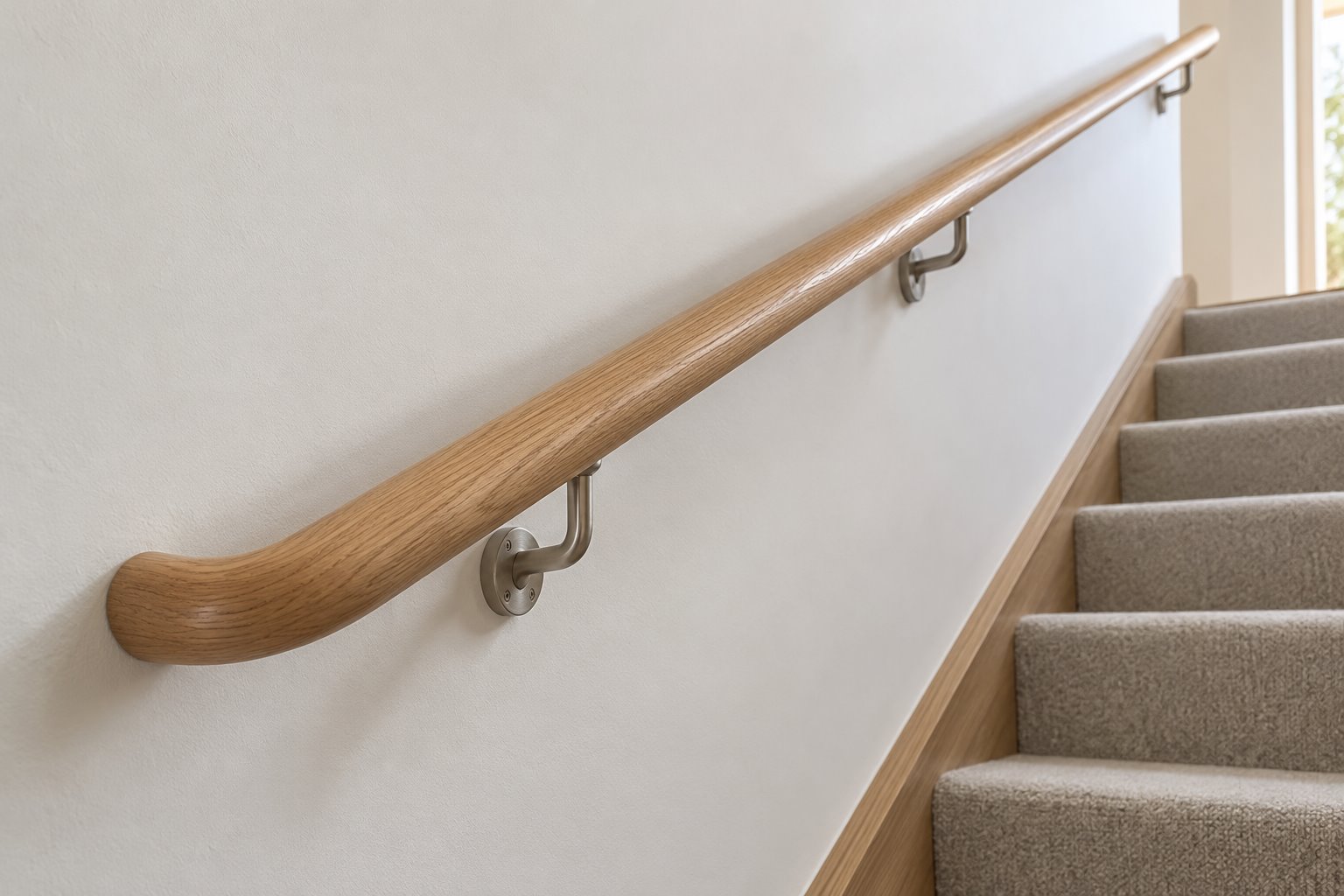 Close oblique view of a rounded timber handrail on metal wall brackets above closed carpeted stair treads.