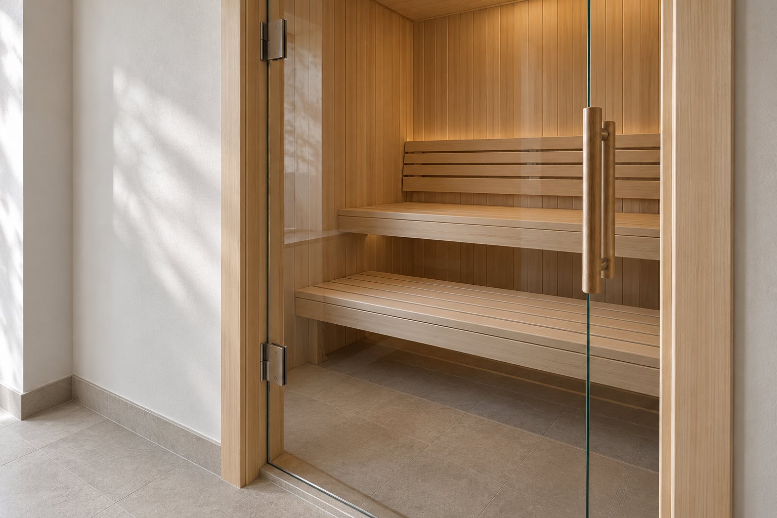 Partial sauna interior seen through a glass doorway, with two timber bench levels and a pale tiled space outside.