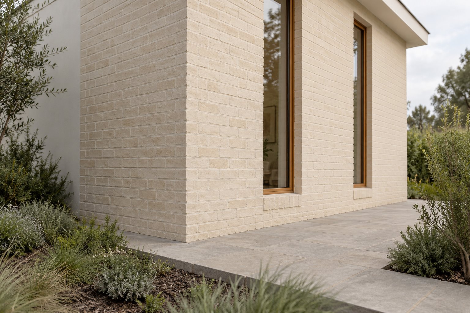Contemporary pale masonry garden-room wall with tall timber-framed windows, a visible lower wall and separate paving and planting.