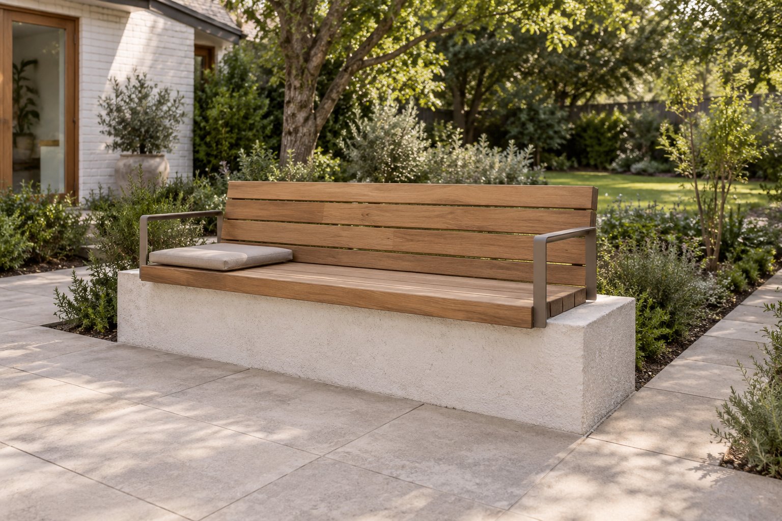 A straight timber garden seat with a slatted back and metal armrests rests on a low pale masonry plinth beside a clear paved approach.
