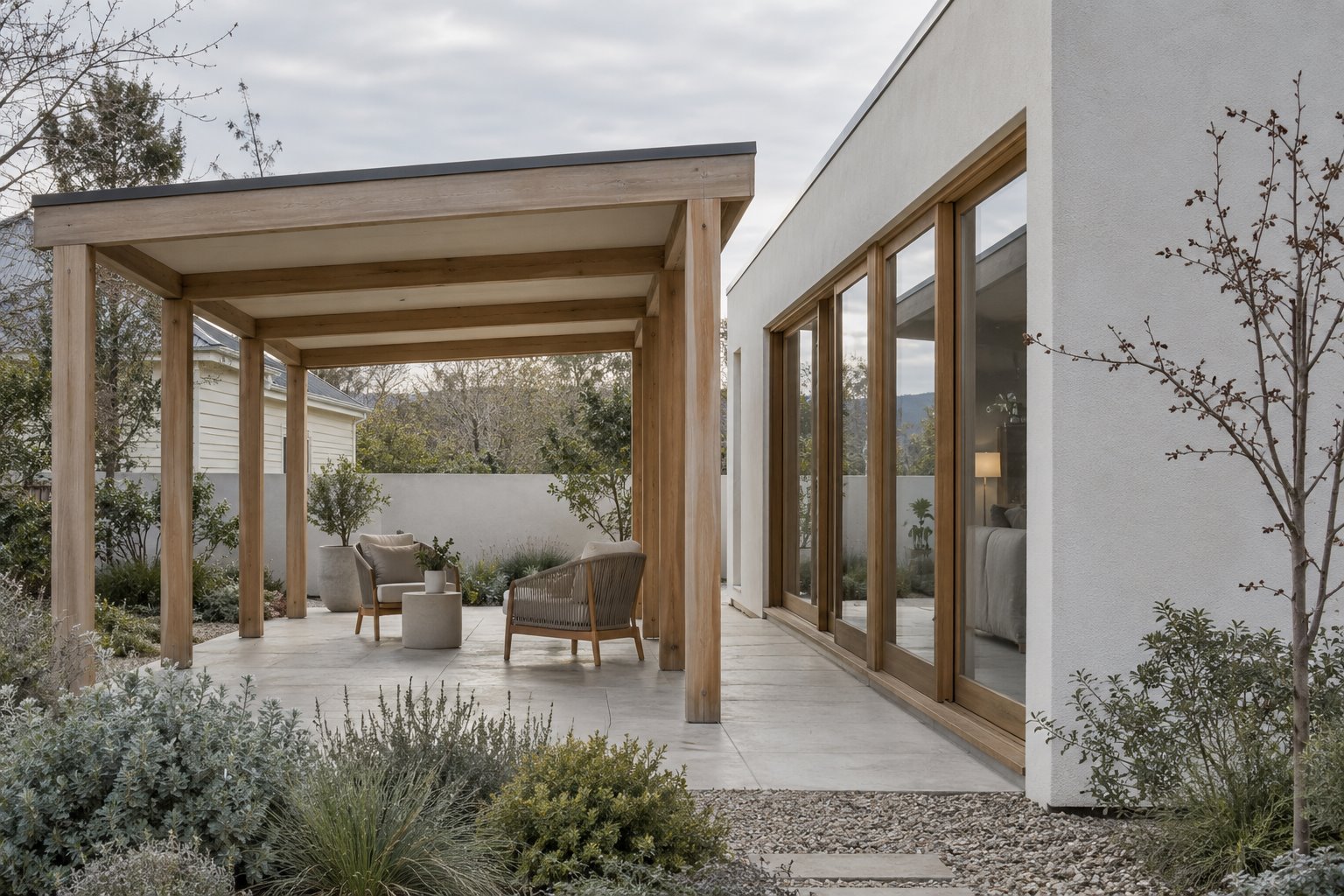 An imagined Cooma addition has a closed garden-facing room beside a separate low outdoor canopy carried by its own timber posts.