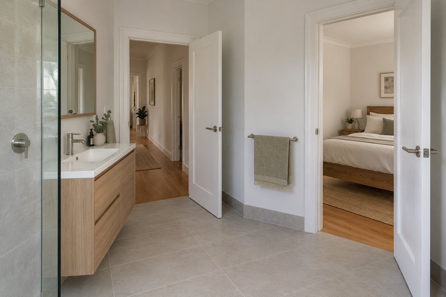 A pale tiled bathroom has separate timber-framed entrances opening towards a hallway and a furnished bedroom, beside a restrained timber vanity.