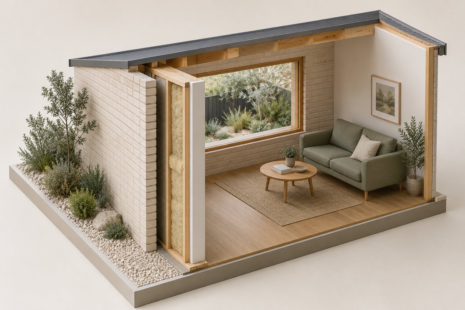 An architectural model of a pale-brick garden room has a cutaway wall end showing a separate timber frame, insulation and white interior lining.