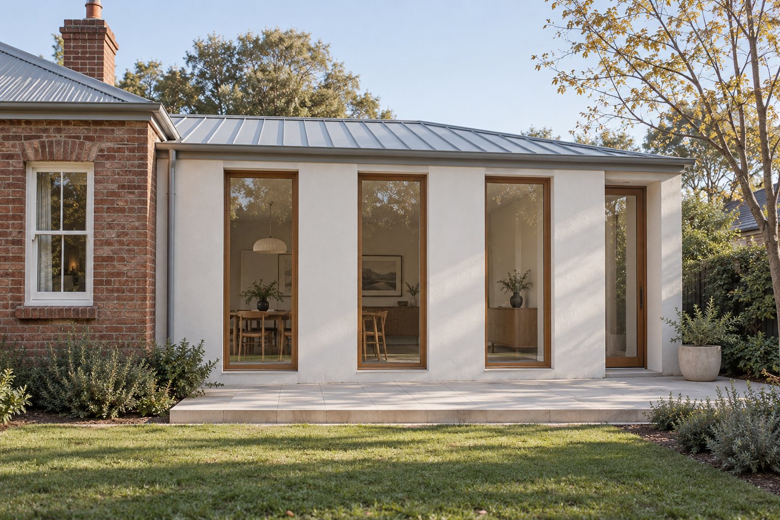 Architectural concept of three tall timber-framed windows separated by white wall piers beside a retained brick cottage.