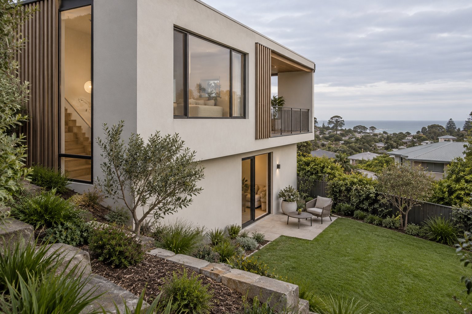 Architectural concept of a modern two-level house with an upper living room and sheltered balcony above a lower garden door and sitting area.
